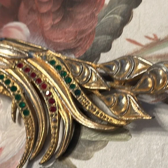 Vintage 30’s Bird of Paradise pot metal w/vermeil/rhinestones brooch 5 3/8” - Picture 3 of 14